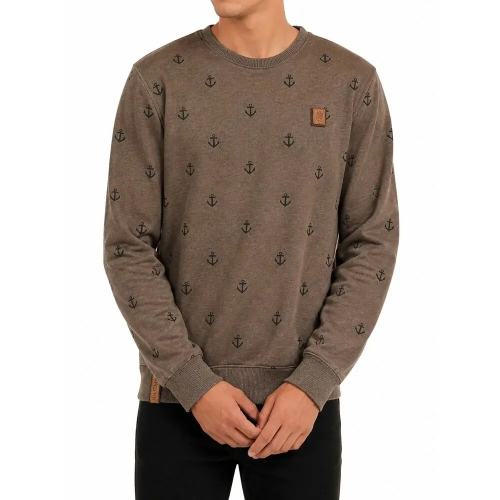 Naketano Anchor Print Sweatshirt Mens M Brown Crewneck Pullover Streetwear